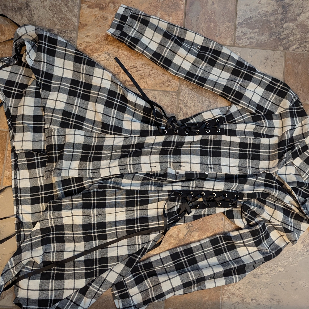 Black and White Plaid Lace-Up Coat
